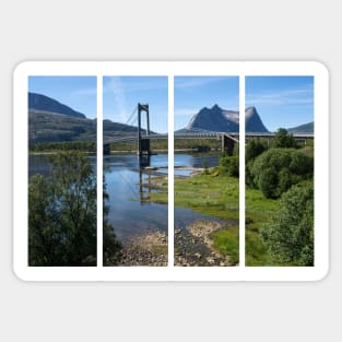 Wonderful landscapes in Norway. Nordland. Beautiful scenery of Kjerringstraumen Bru (Efjord bridges) on the Efjorden. Another planet background. It is located in Narvik municipality. Sticker